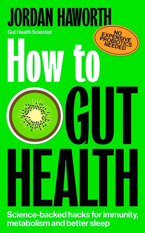 „How to GUT HEALTH“. Grüner Hintergrund, Kiwi-Illustration, obere Ecke: „NO EXPENSIVE PROBIOTICS NEEDED“.