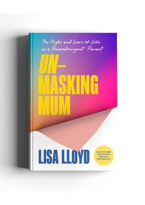 Buchtitel: "UN-MASKING MUM" von Lisa Lloyd. Farbenfrohes Cover mit überlagerten Papierblättern.