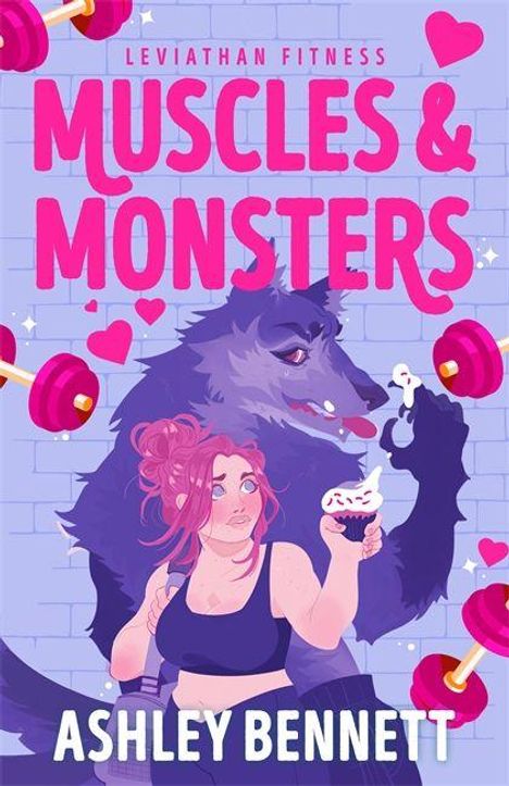 Oben steht "Ashley Bennett", unten "Muscles and Monsters". Darunter steht "COVER TO BE REVEALED". Schlichtes zweifarbiges Design.