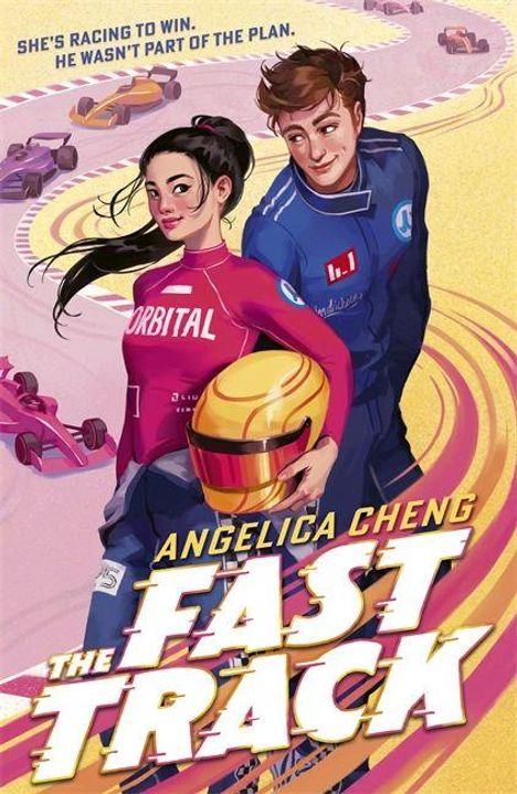 „She's racing to win. He wasn't part of the plan.“ Zwei Rennfahrer in bunten Anzügen, sie hält einen Helm.