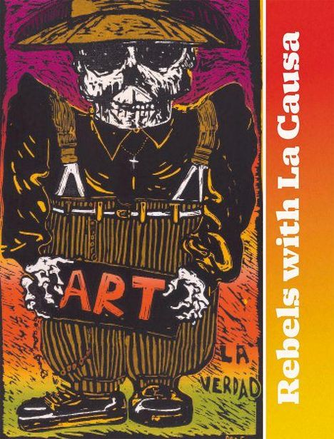 Text: „Rebels with La Causa“, „ART“. Illustration: Skelettgestalt in Anzug mit Hut, hält ein Schild, Hintergrund in warmen Farben.