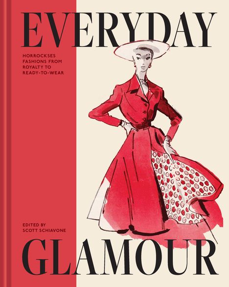 "EVERYDAY GLAMOUR" oben, "HORROCKSES" darunter. Illustration: Frau in rotem Mantel mit Hut.