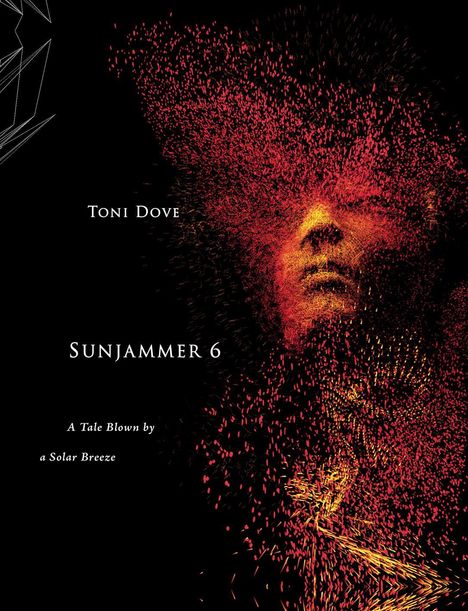 Toni Dove, Sunjammer 6, A Tale Blown by a Solar Breeze. Ein Gesicht aus roten Partikeln löst sich auf schwarzem Hintergrund auf.