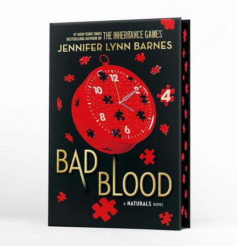 #1 New York Times. Jennifer Lynn Barnes. "Bad Blood". Rote Uhr mit fehlenden Puzzleteilen.
