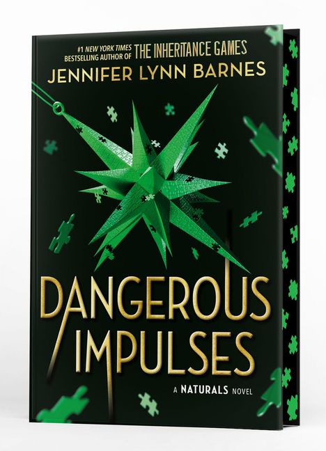Text: Dangerous Impulses, Jennifer Lynn Barnes. Grünes, sternförmiges Puzzle-Design mit schwarzen Teilen auf dunklem Hintergrund.