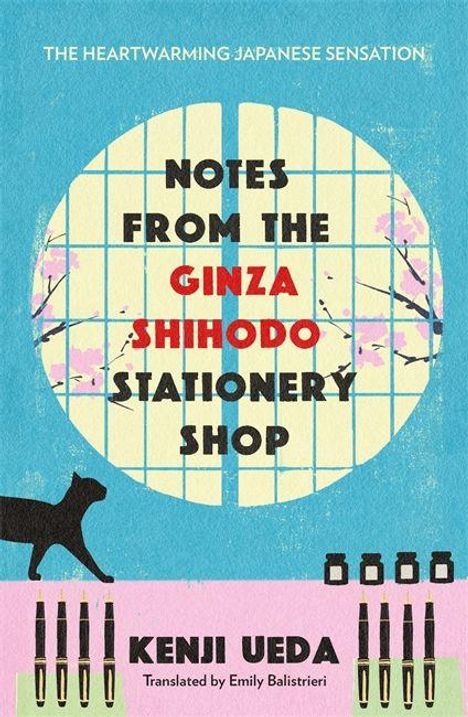 "Notes from the Ginza Shihodo Stationery Shop" steht zentral. Hintergrund: ein traditionelles Fenster mit Kirschblüten, eine schwarze Katze.