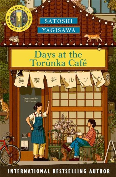 „Days at the Torunka Café“, Illustration eines Cafés mit einer Person, die draußen sitzt, und dekorativen Details.