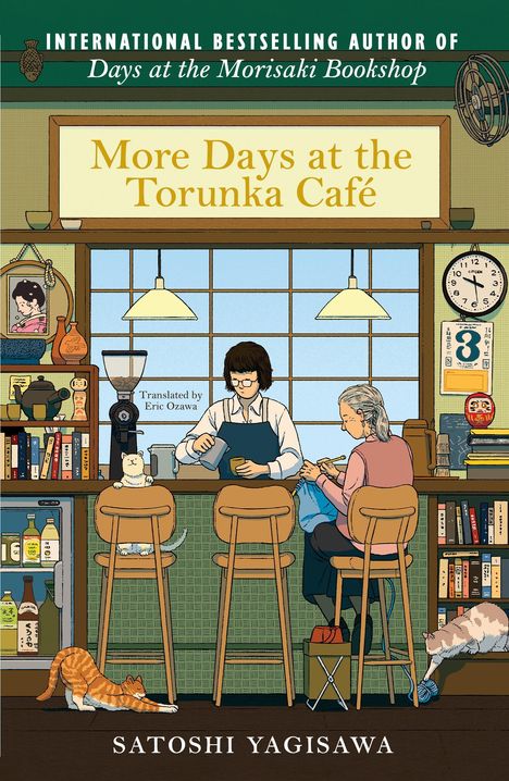 „More Days at the Torunka Café“ steht über einem Café-Szene mit Menschen, Katzen und Büchern.