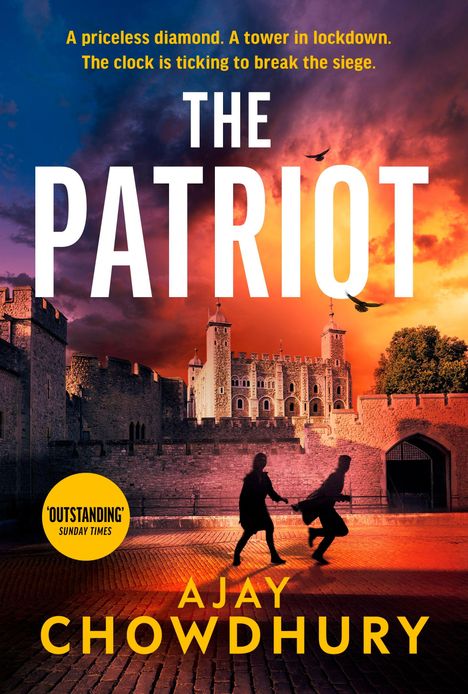 "Ein unbezahlbarer Diamant. Ein Turm im Lockdown. Eine Uhr tickt. 'THE PATRIOT'. Zwei Personen laufen vor einer Burg im Sonnenuntergang."