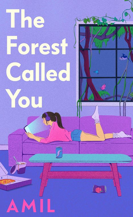 "The Forest Called You" und "AMIL". Eine Person auf einem lila Sofa, mit Kopfhörern und Tablet, umgeben von Pizzaschachtel und Getränk.