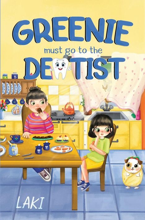 "GREENIE must go to the DENTIST". Illustration: Zwei Kinder am Tisch in gelber Küche, Hund in Decke gewickelt.