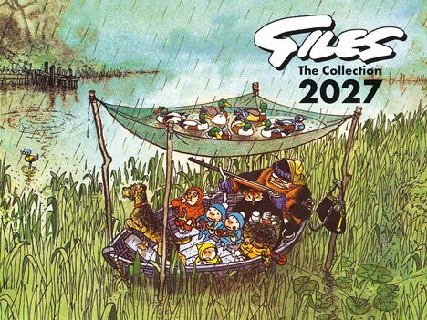 „Giles The Collection 2027“ in einer humorvollen Illustration: Familie und Tiere im Regen in einem mit Enten bedeckten Boot.