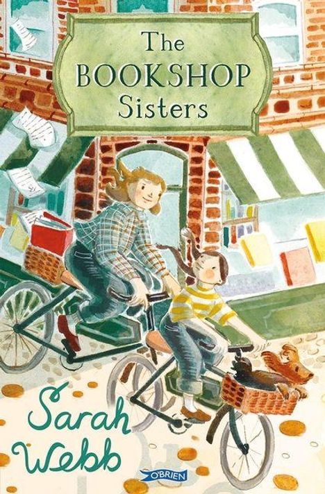 "The Bookshop Sisters" und "Sarah Webb". Illustration von zwei Frauen mit Fahrrädern vor einem Buchladen.