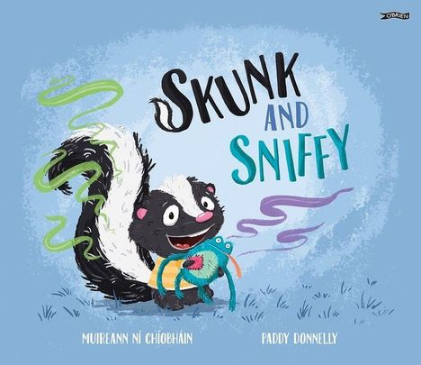 "Skunk and Sniffy" in bunten Buchstaben, darunter ein glücklicher, cartoonartiger Stinktier mit einem Kuscheltier.