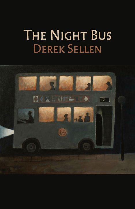 „THE NIGHT BUS“ und „DEREK SELLEN“. Illustration eines beleuchteten Doppeldeckerbusses mit Fahrgästen bei Nacht.