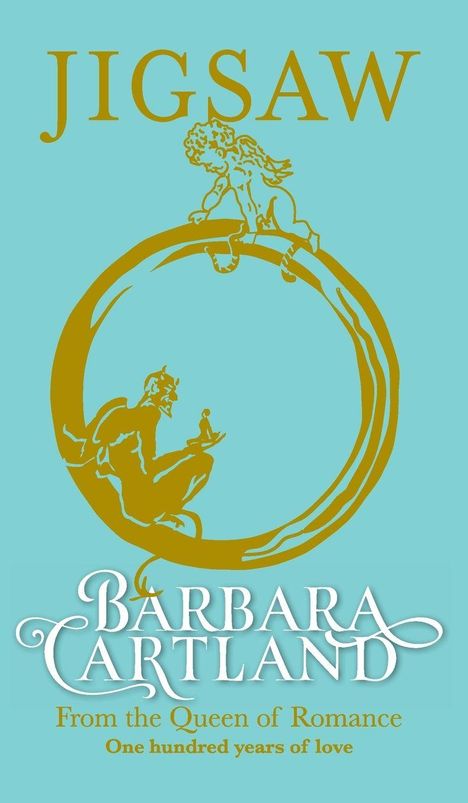 "JIGSAW", "BARBARA CARTLAND", "From the Queen of Romance", "One hundred years of love". Goldene Figuren auf Blau.