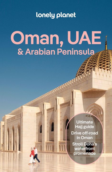 "Oman, UAE & Arabian Peninsula" steht groß auf blauem Hintergrund. Unten eine große Moschee mit Kuppel.