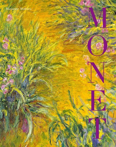 Der Text "MONET" steht senkrecht in großen lila Buchstaben auf einer gelben, impressionistischen Blumenmalerei.