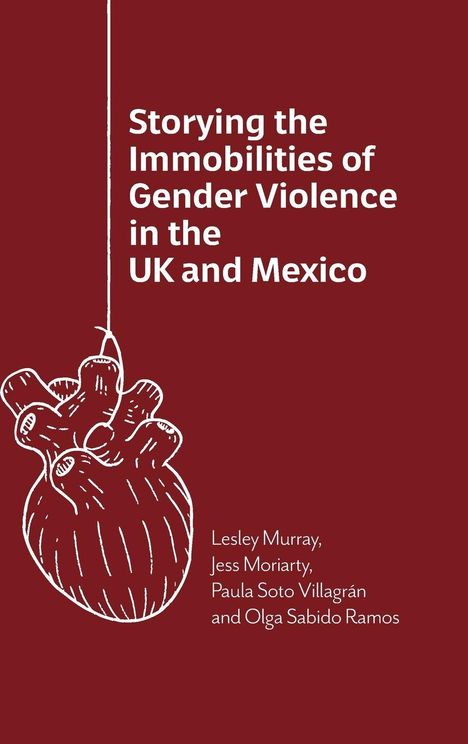 "Storying the Immobilities of Gender Violence in the UK and Mexico." Namen: Lesley Murray, Jess Moriarty, Paula Soto Villagrán, Olga Sabido Ramos. Illustration: Herz an Schnur auf rotem Hintergrund.