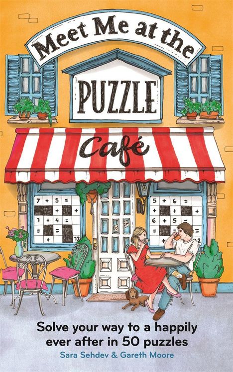 "Meet Me at the Puzzle Café" steht oben, darunter sitzen zwei Personen vor einem Café. Es hat ein rot-weißes Markisendach.