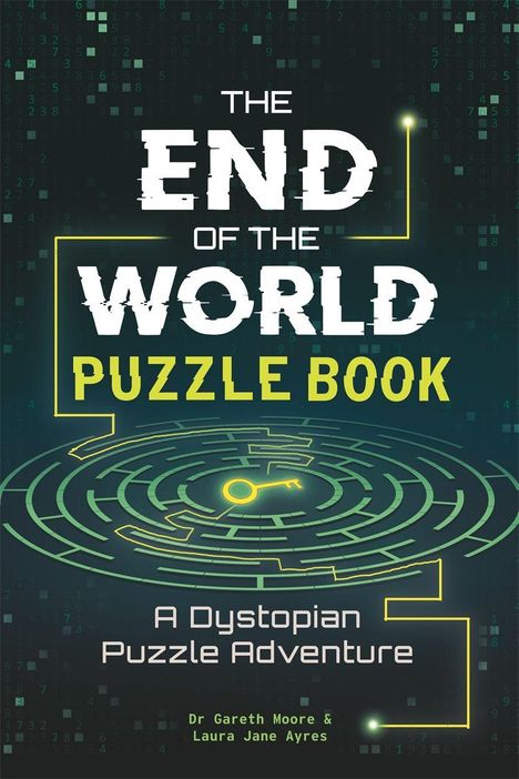 "The End of the World Puzzle Book" und "A Dystopian Puzzle Adventure". Verschlungener Labyrinth-Hintergrund mit Schlüsselsymbol.