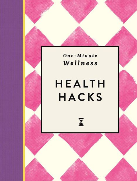 Text: "One-Minute Wellness HEALTH HACKS". Hintergrund: Rosa Rauten auf cremefarbenem Grund, lila Streifen links.