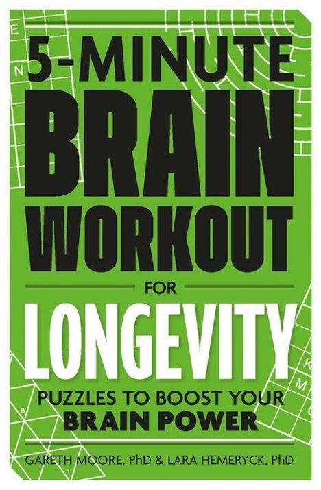 "5-Minute Brain Workout for Longevity. Puzzles to Boost Your Brain Power." Grüner Hintergrund mit weißen Linien.
