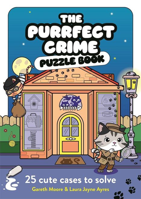 „The Purrfect Crime Puzzle Book“. Eine Illustration mit einer Katze als Detektiv vor einem Haus, einer Laterne und Pfotenabdrücken.