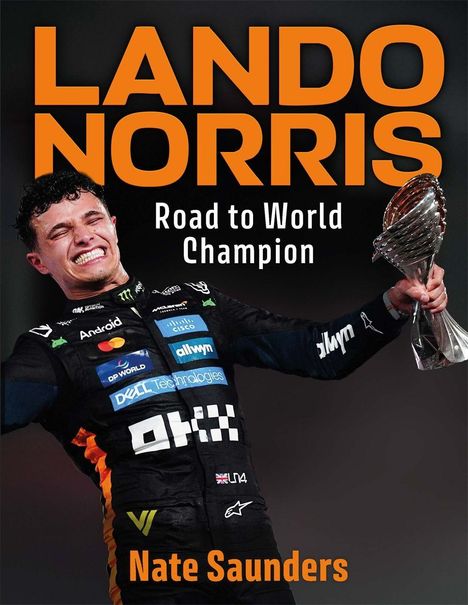 Große, orangefarbene Schrift: "Lando Norris". Darunter: "Road to World Champion". Ein Fahrer jubelt mit einem Pokal.