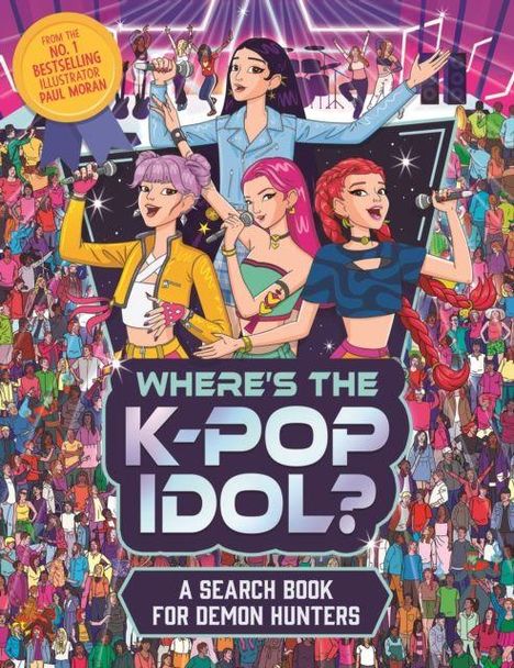 Text: "Where's the K-Pop Idol? A Search Book for Demon Hunters." Illustration: Vier Sängerinnen auf einer bunten Bühne.