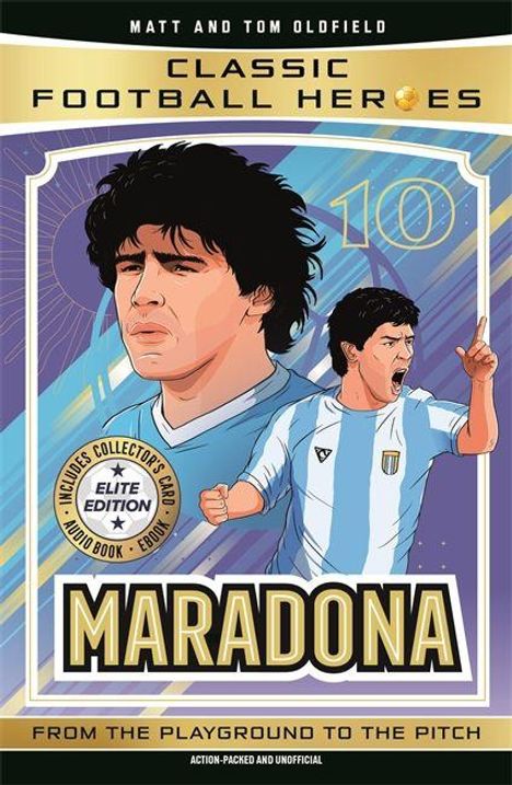 Ein Buchcover mit "Classic Football Heroes", "Maradona", "Includes Collector's Card", Illustration von zwei Fußballspielern.