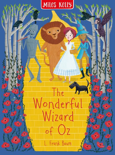 Text: "The Wonderful Wizard of Oz", "L. Frank Baum". Illustration: Zinnmann, Löwe, Dorothy, Vogelscheuche auf gelbem Weg mit Blumen.