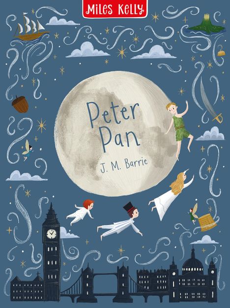 "Peter Pan, J. M. Barrie" steht vor einem großen Mond. Kinder fliegen über London, umgeben von Wolken und Sternen.