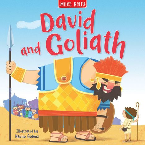 Eine Illustration zeigt „David and Goliath“. Ein riesiger Krieger lächelt einen kleinen Jungen mit Stab an.
