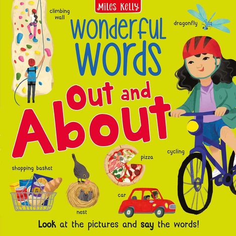Titel: "Wonderful Words: Out and About". Illustration mit Kletterwand, Libelle, Fahrrad, Pizza, Auto, Nest und Einkaufskorb.
