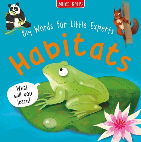 Text: "Big Words for Little Experts: Habitats. What will you learn?" Illustration: Ein Frosch auf einem Blatt mit einem Panda und einem Eichhörnchen.