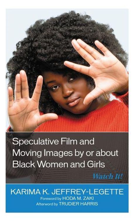 "Speculative Film and Moving Images by or about Black Women and Girls." Frau mit Locken, rotes Oberteil, Hände nach vorn.