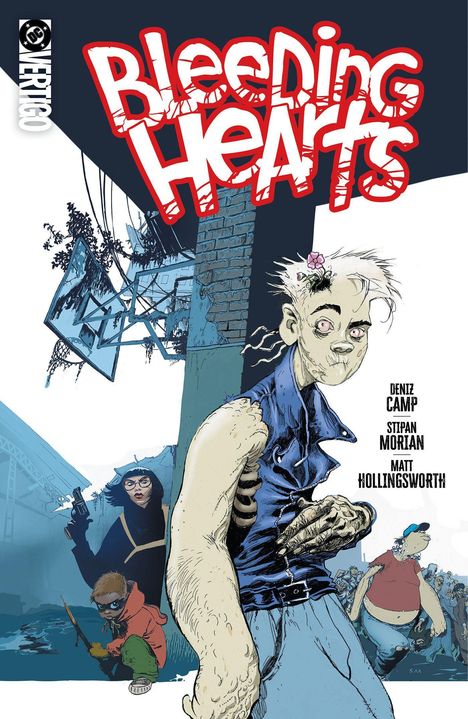 „Bleeding Hearts“ in roter, blutiger Schrift. Drei Personen: eine Frau mit Brille, ein Kind mit Pfeil, und vorne ein blasser Mensch.