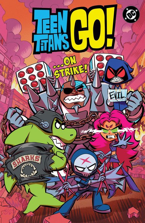 "Teen Titans GO! ...ON STRIKE!"  
Comicfiguren in bunter Szene, voller Protest und Action.