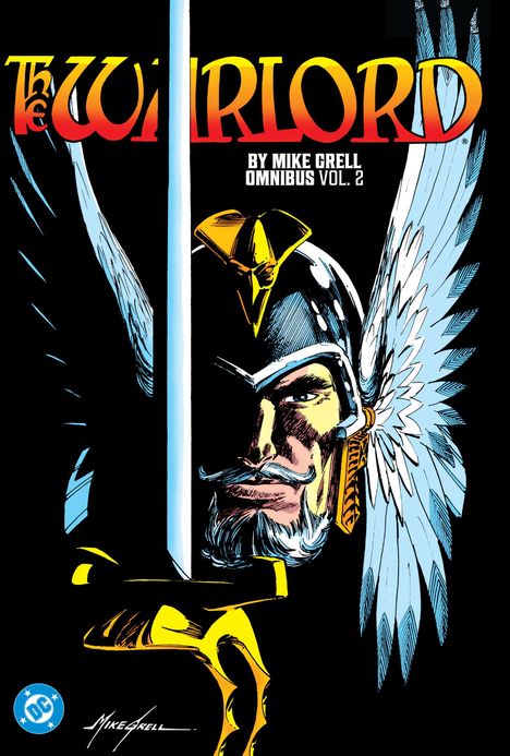 "The Warlord" in rot-gelber Schrift, darunter "BY MIKE GRELL OMNIBUS VOL. 2". Ein Krieger mit Helm und Flügeln hält ein Schwert.