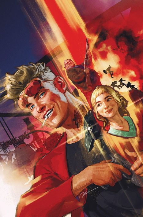 Ein Charakter mit roter Brille raucht und lächelt, im Hintergrund Explosionen und Figuren. Dynamische, lebendige Illustration.