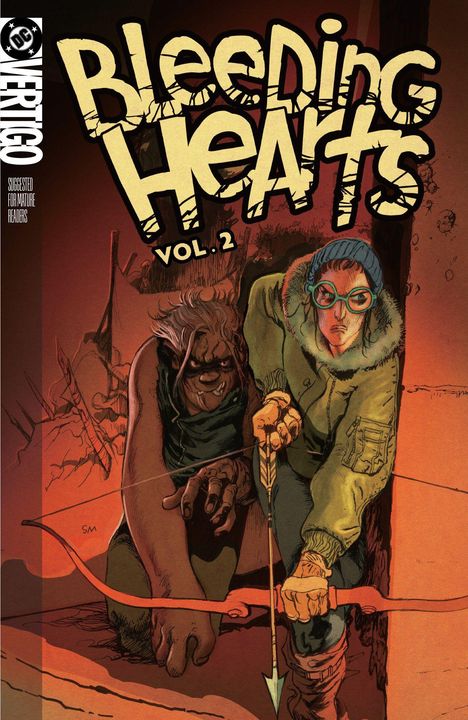 „Bleeding Hearts VOL. 2“ steht in großen Buchstaben. Ein Bogenschütze zielt nach vorne, daneben eine bedrohliche Gestalt.