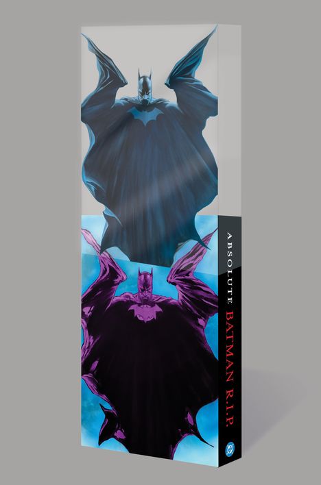 „ABSOLUTE BATMAN R.I.P.“ steht an der Seite. Zwei imposante Batman-Illustrationen, eine in Blau, die andere in Lila.