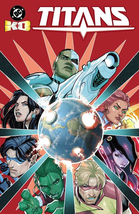 Text "DC" und "TITANS". Illustration von acht Helden, die die Erde umgeben. Jeder Held ist dynamisch dargestellt.