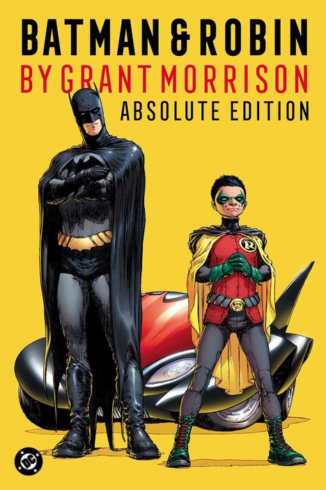 BATMAN & ROBIN BY GRANT MORRISON ABSOLUTE EDITION. Illustration von Batman und Robin vor gelbem Hintergrund und Motorrad.