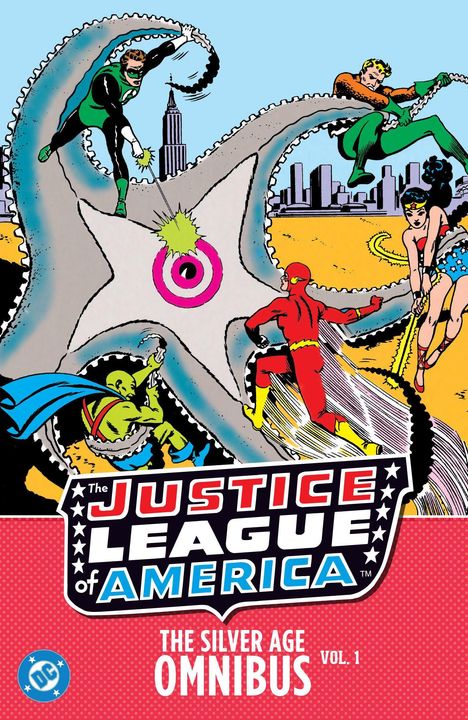"The Justice League of America"; "The Silver Age Omnibus Vol. 1". Helden kämpfen gegen riesigen Seestern in Stadtlandschaft.