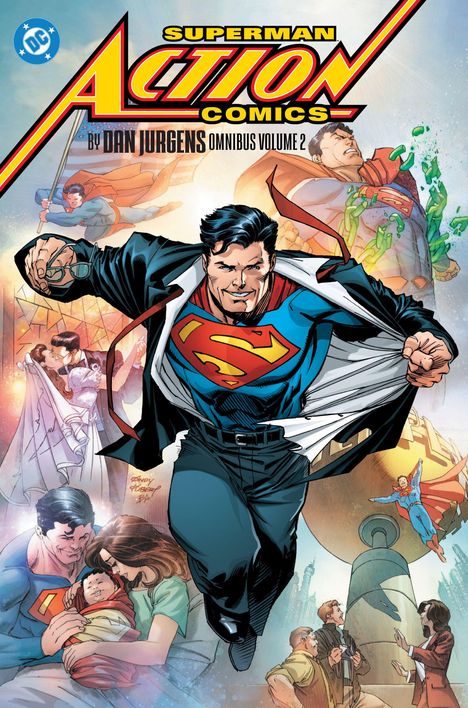 "SUPERMAN ACTION COMICS BY DAN JURGENS OMNIBUS VOLUME 2". Superman enthüllt sein Kostüm mit entschlossenem Ausdruck.