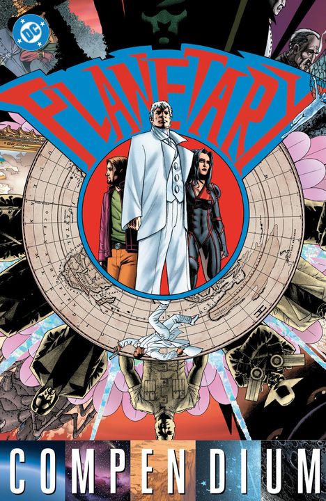 „PLANETARY COMPENDIUM“, DC-Logo oben. Drei Figuren im Zentrum, eine in Weiß, umgeben von vielfältigen Illustrationen.