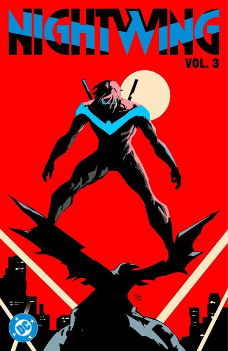 "NIGHTWING VOL. 3" oben in großen Buchstaben. Illustration: Eine dunkle Gestalt vor einem roten Hintergrund mit einer Fledermaus.