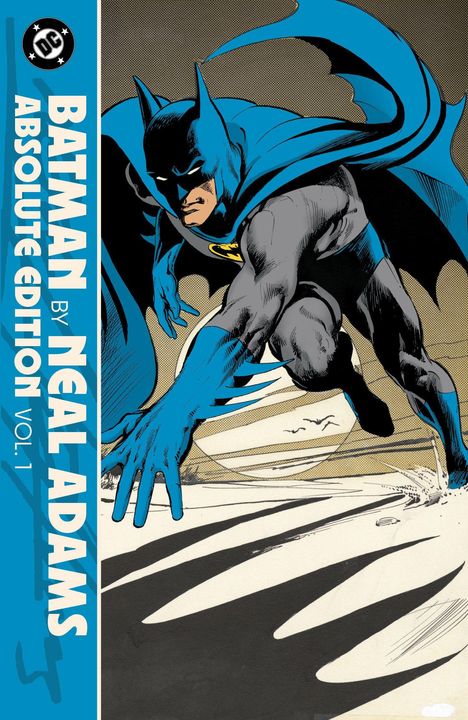 "BATMAN BY NEAL ADAMS ABSOLUTE EDITION VOL. 1" auf blauem Hintergrund. Illustration von Batman in dynamischer Pose.